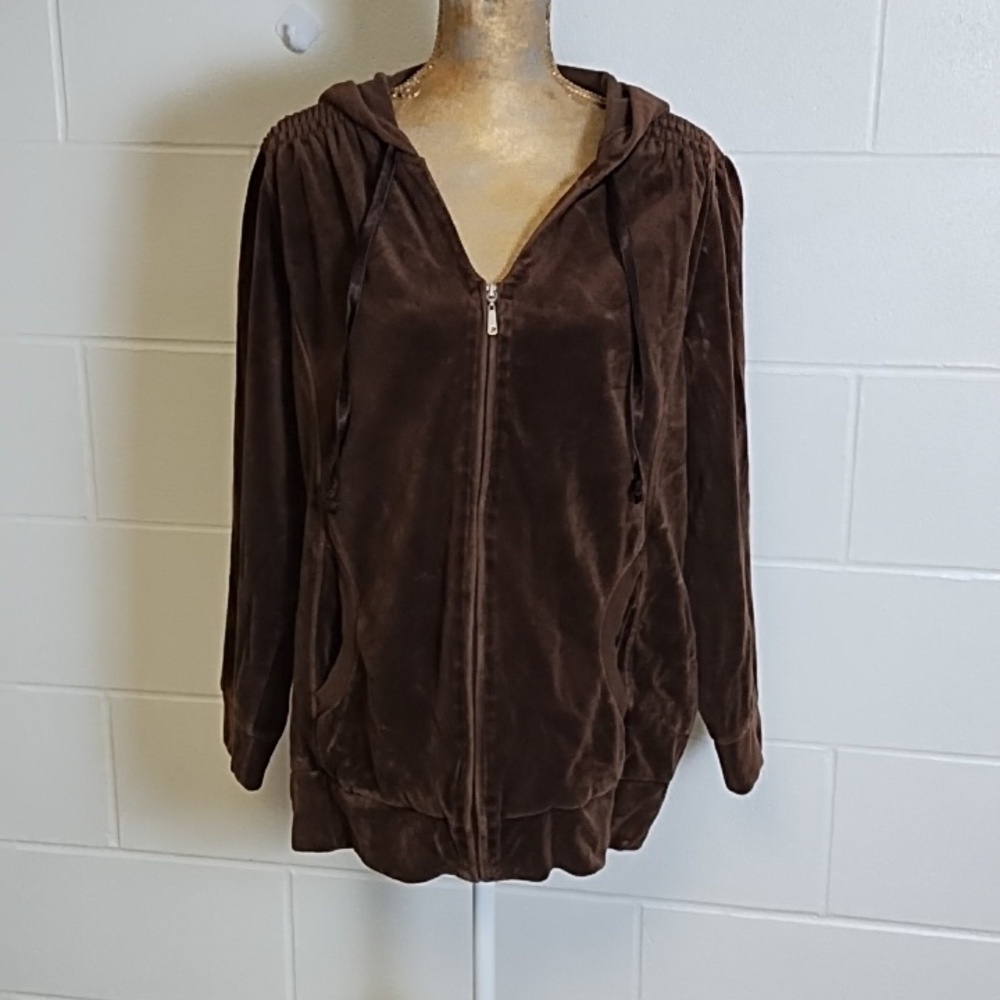 JMS Brown Velour Hooded Jacket Top 1X 16W Detailed Shoulder Pockets Zip Front